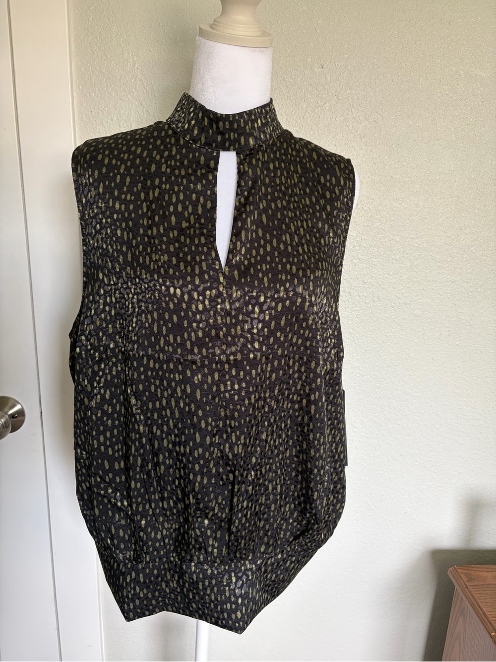 Liverpool Black Sleeveless Mock Neck Top with Gold Dot Print